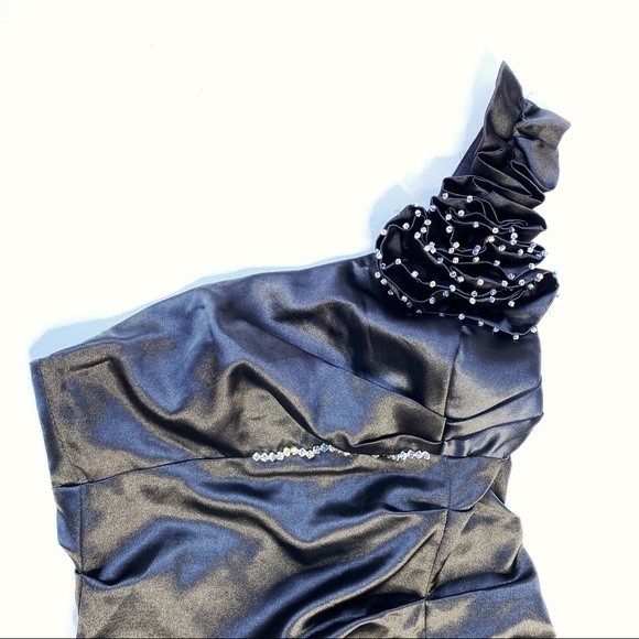 One shoulder satin black formal mini dress ruffle - Picture 2 of 8